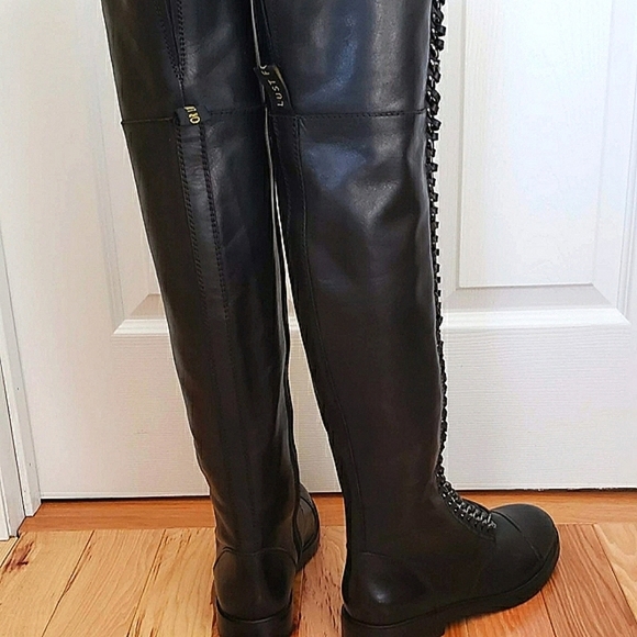 Lust For Life black leather 22" high boots 8.5 suede lace pewter chain link New - Picture 11 of 14